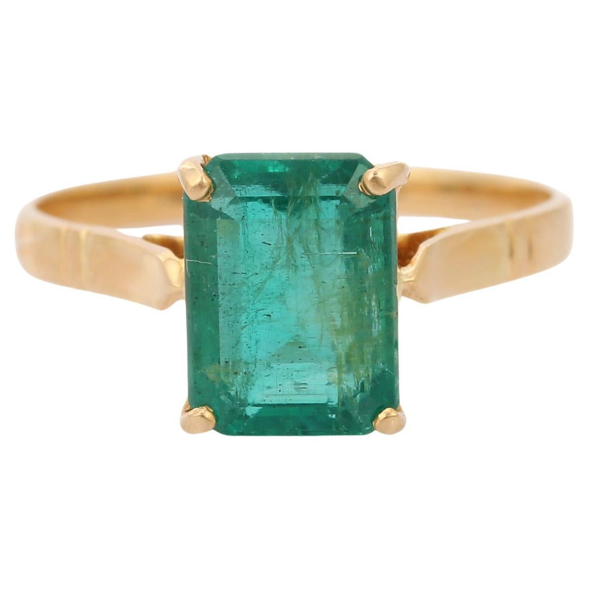 3.23 Ct Natural Octagon Emerald Solitaire Ring in 18K Yellow Gold, Emerald Ring