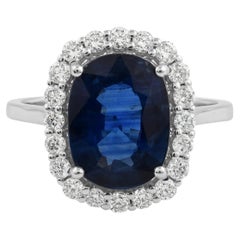 3.23 Ct Oval Blue Sapphire 0.53 Ct Diamond Halo 14k White Gold Engagement Ring