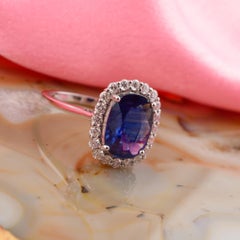 3.23 Ct Oval Blue Sapphire 0.53 Ct Diamond Halo 18k White Gold Engagement Ring
