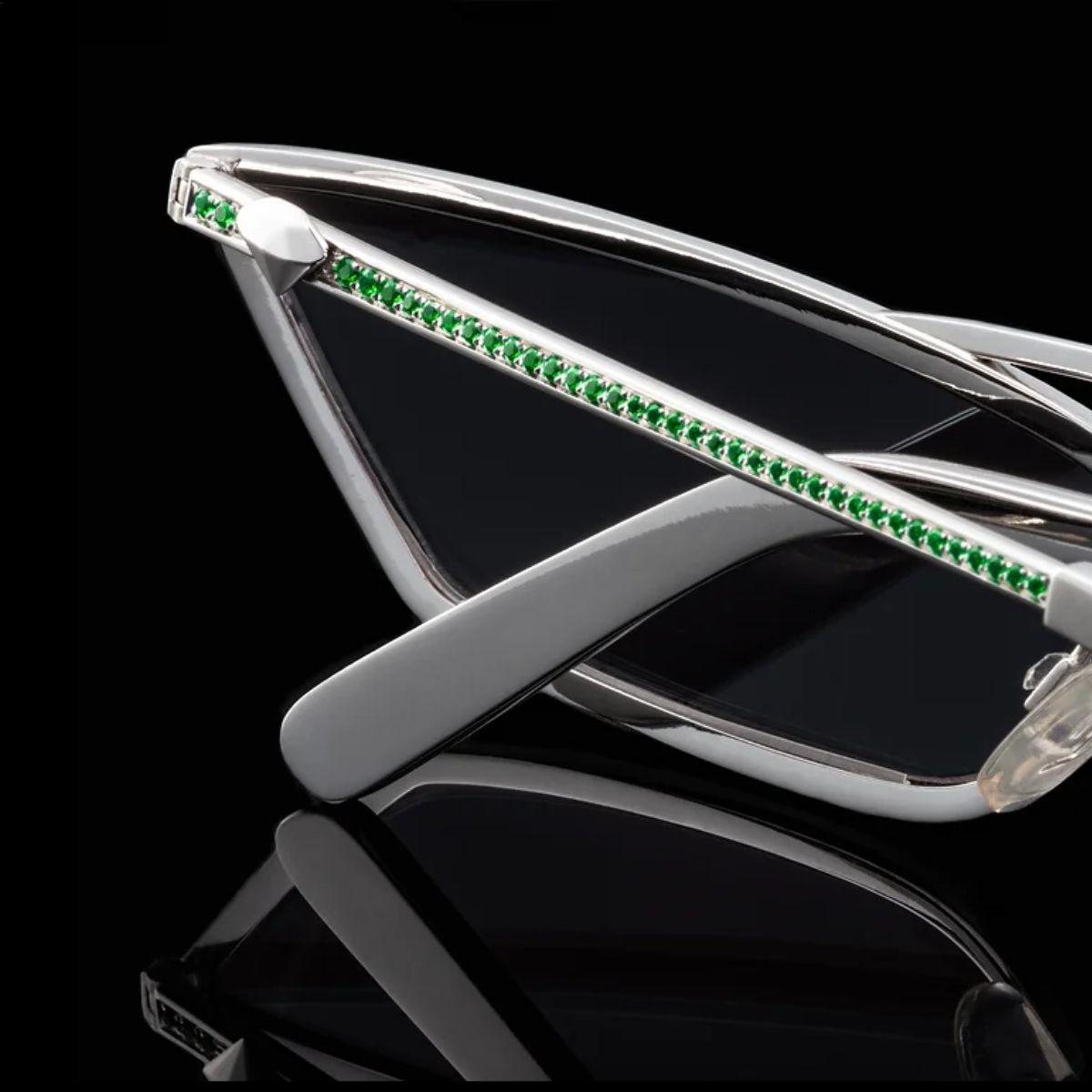 Brilliant Cut 323 Emerald Sunglasses Artisan Made in 18 Karat White Gold For Sale