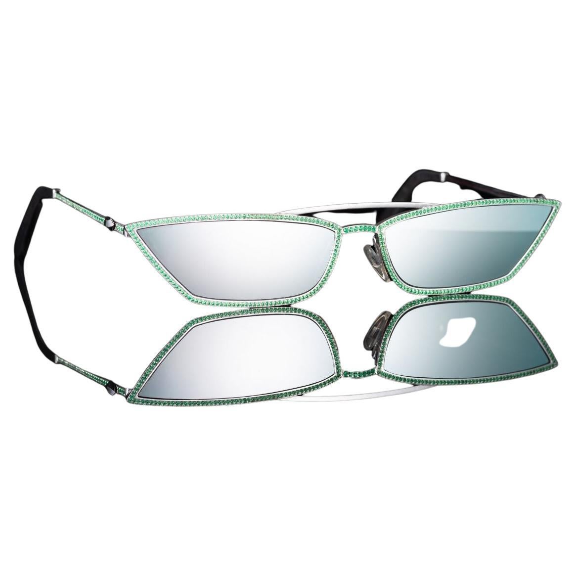 323 Emerald Sunglasses Artisan Made in 18 Karat White Gold For Sale