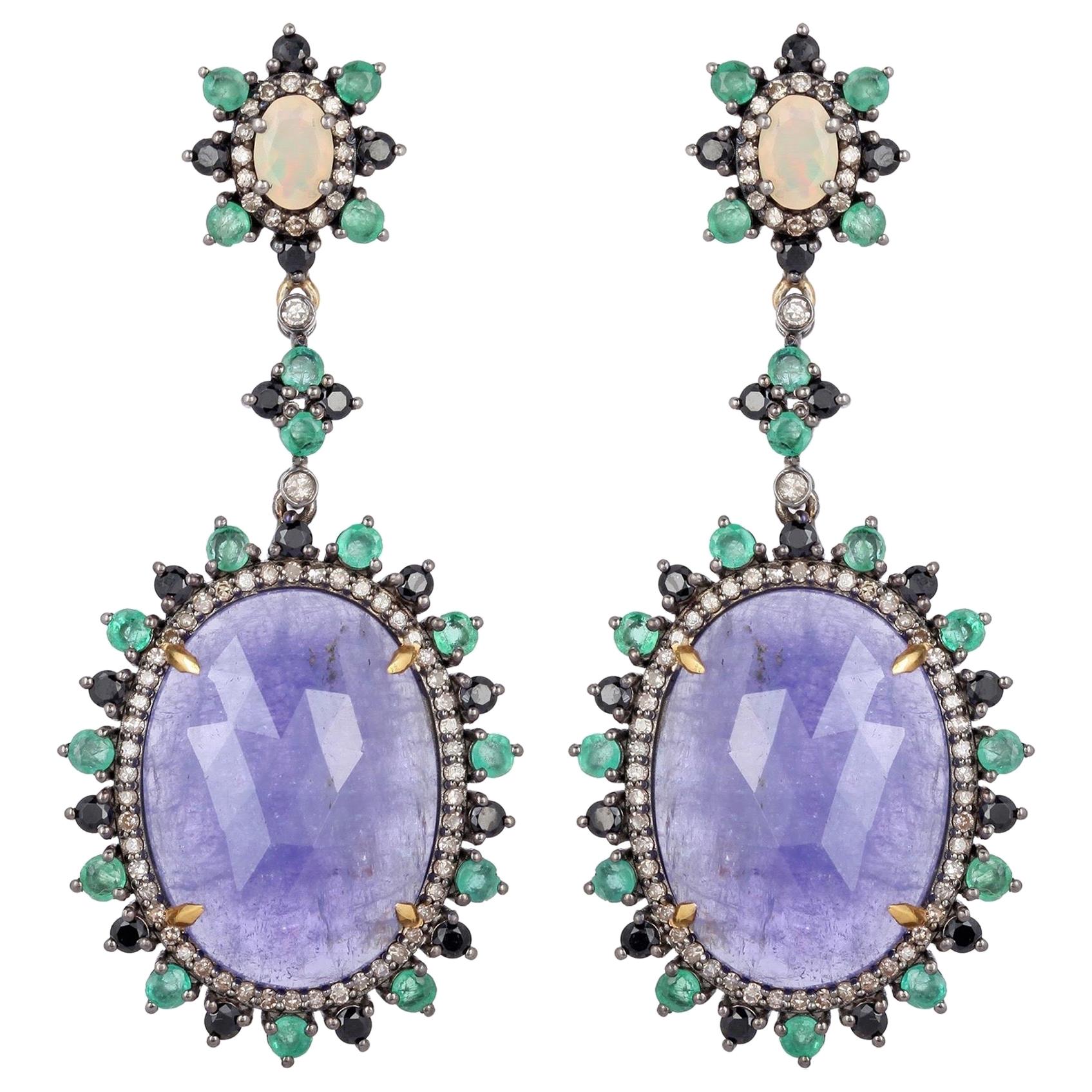 32.36 Carat Tanzanite Emerald Diamond Earrings For Sale