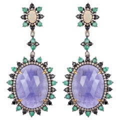 Boucles d'oreilles en tanzanite, émeraude et diamant de 32,36 carats