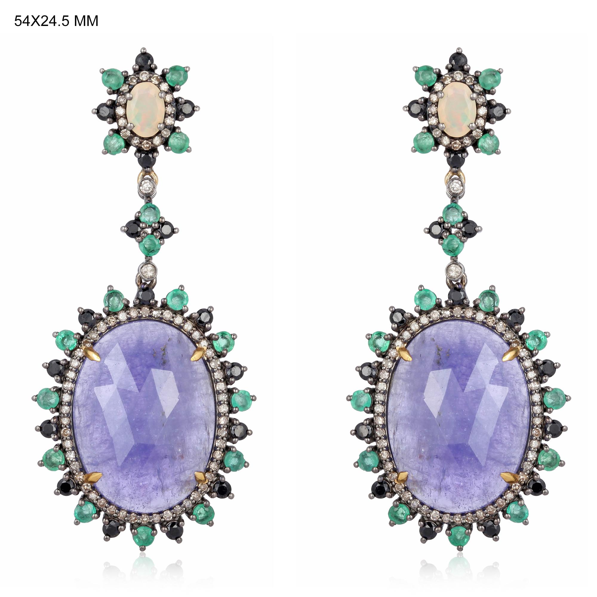 Rose Cut 32.36 Carat Tanzanite Emerald Diamond Earrings For Sale