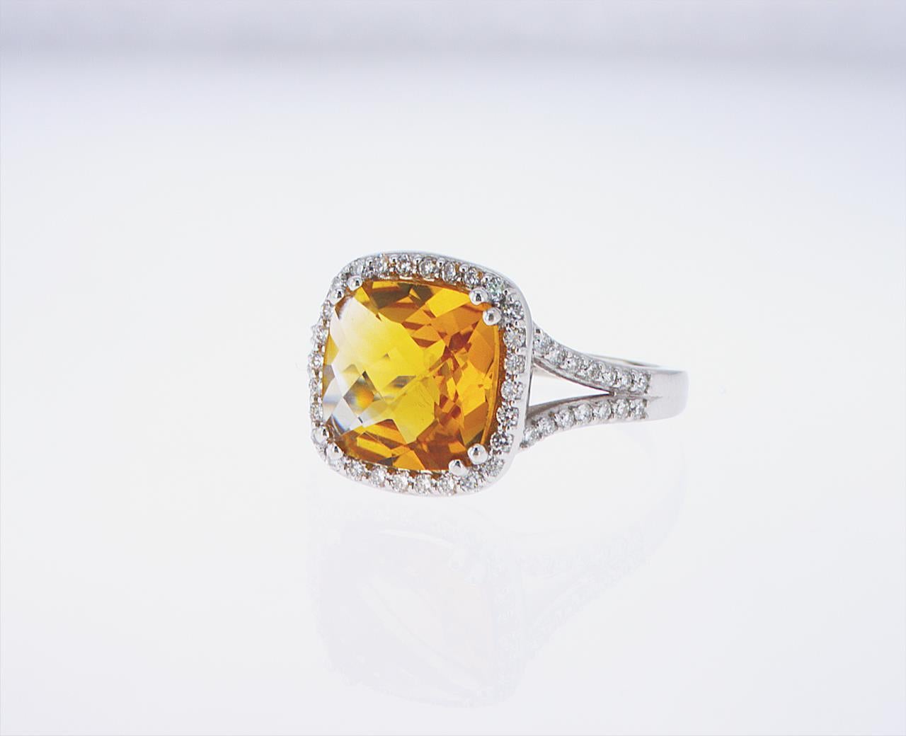 Modern 3.23 Carat Cushion Cut Citrine and Diamond Cocktail Ring For Sale