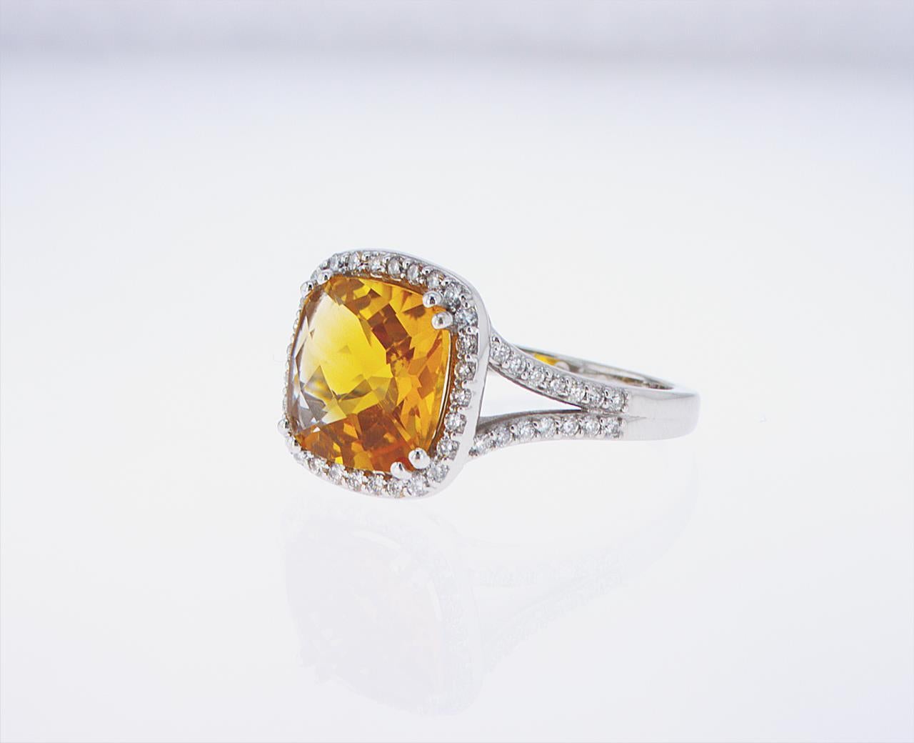 Women's or Men's 3.23 Carat Cushion Cut Citrine and Diamond Cocktail Ring For Sale