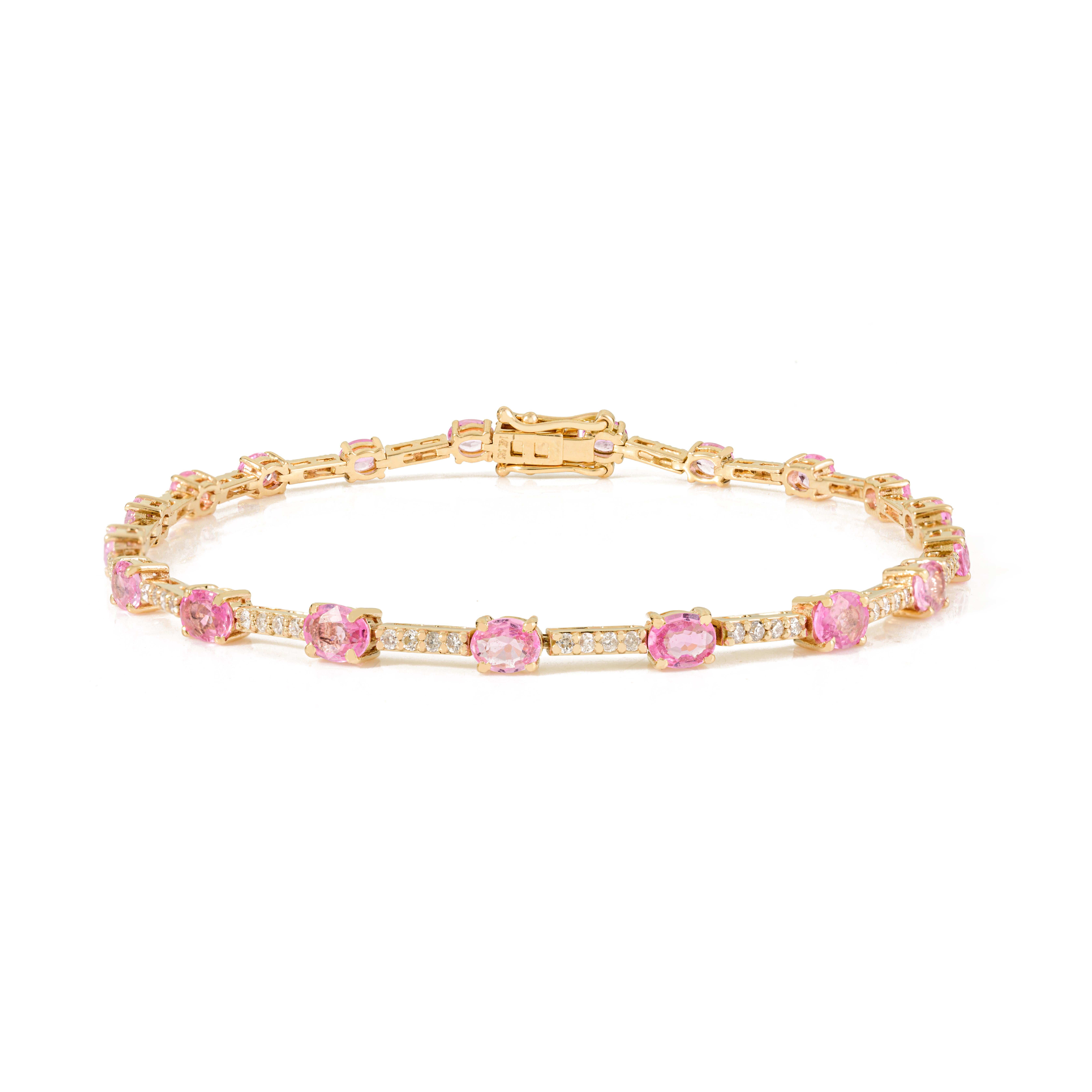 3.23Ct Pink Sapphire and Diamond Tennis bracelet in 14K Yellow Gold Fine Jewelry In New Condition For Sale In New York, NY