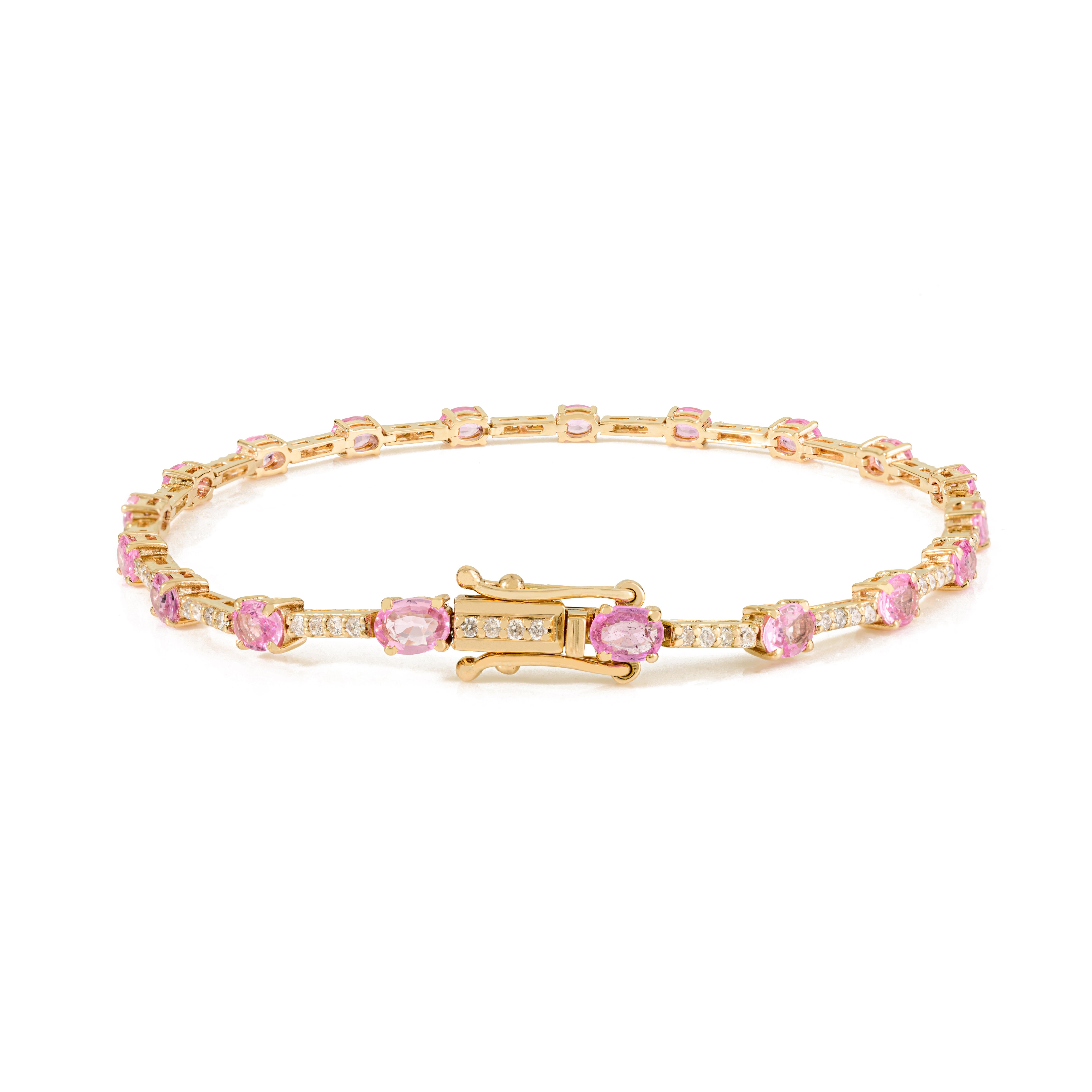 3.23Ct Pink Sapphire and Diamond Tennis bracelet in 14K Yellow Gold Fine Jewelry For Sale 3