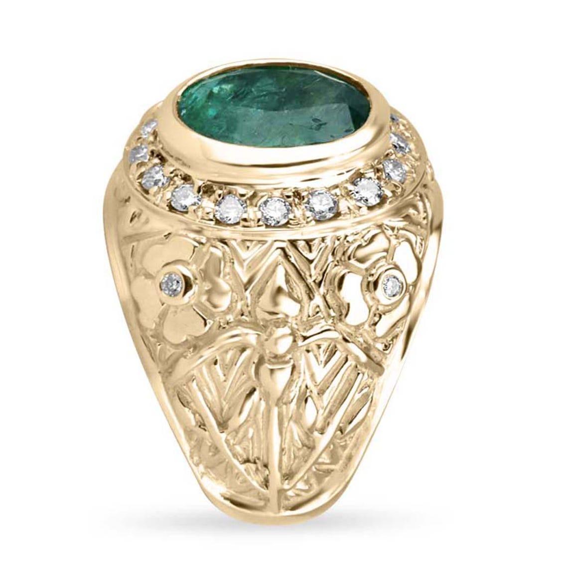 Dieser prächtige Ring mit Smaragd und Diamanten zieht die Blicke auf sich, denn in seiner Mitte befindet sich ein 2,87-karätiger Smaragd im Ovalschliff, der in einer eleganten Lünette gefasst ist, um seine strahlende Schönheit zu präsentieren. Der