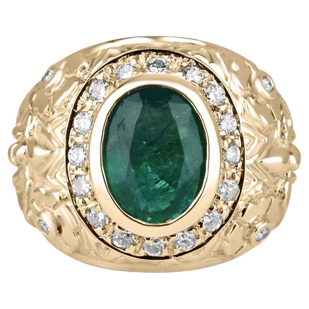 3.23tcw 14K Emeraude Ovale & Diamant Halo Floral Bezel Set Statement Ring