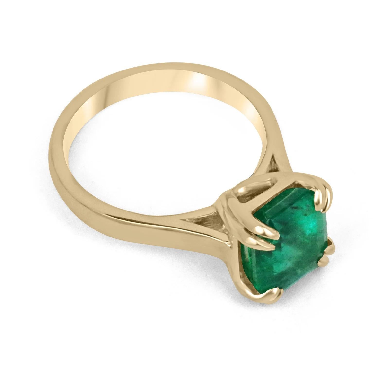 Featured is a classic and top-of-the-line Colombian emerald with an extremely rare AAA+ quality solitaire engagement/right-hand ring. This luxurious piece showcases a remarkable 3.24-carat, natural Asscher cut Colombian emerald, displaying a