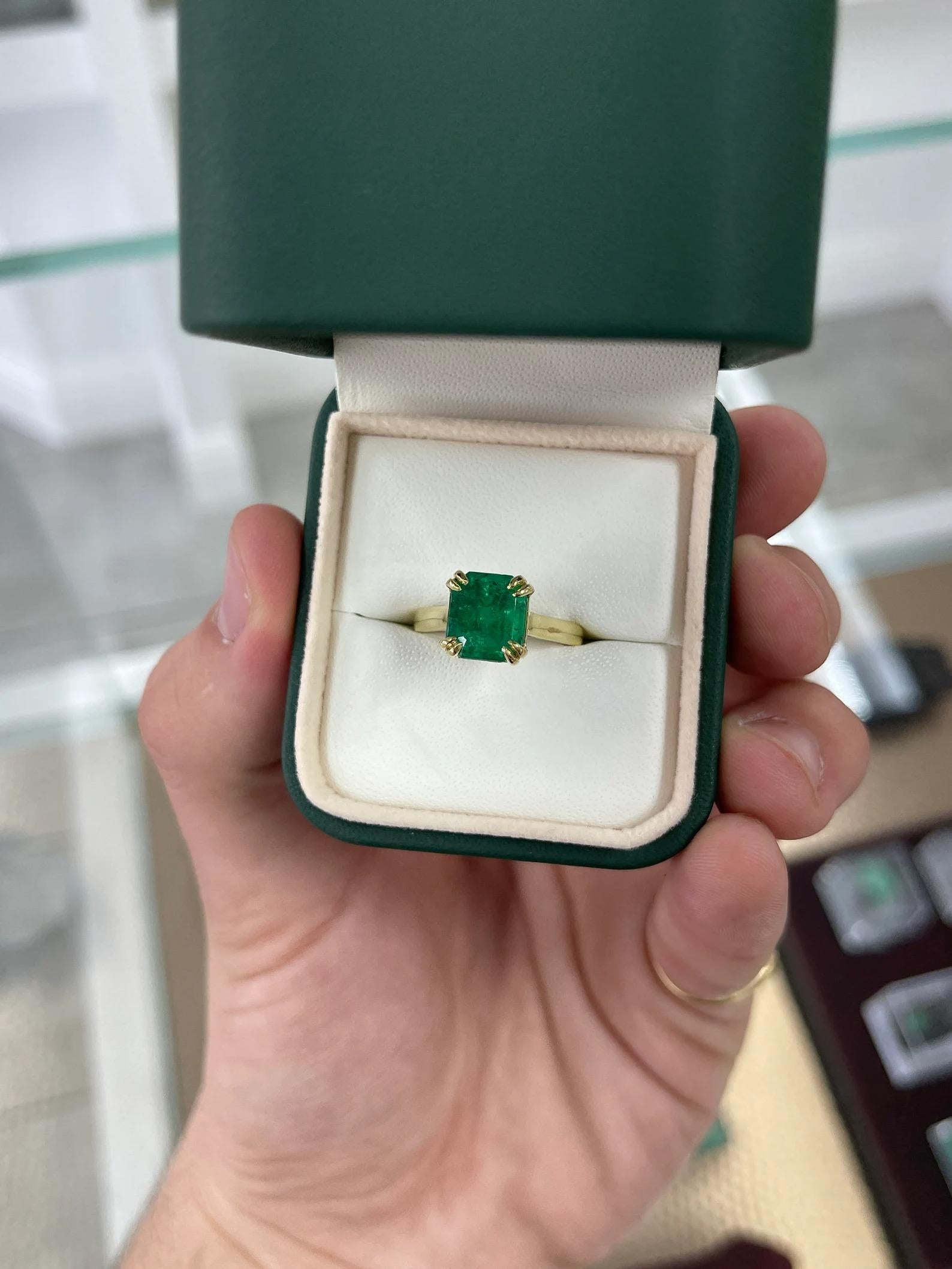 3.24 Carat AAA+ Colombian Emerald Asscher Cut, Double Prong Solitaire Ring 18K For Sale 1