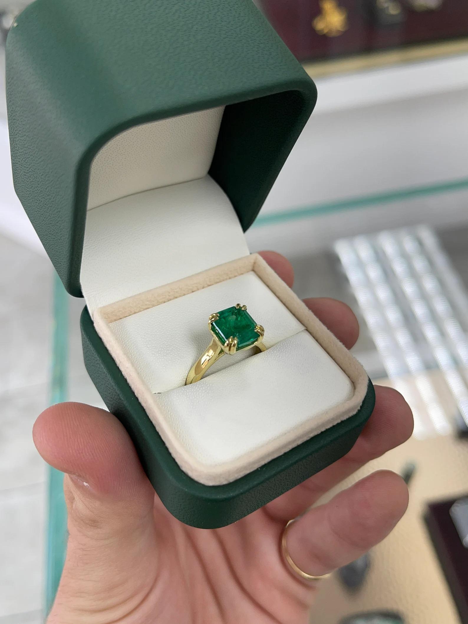 3.24 Carat AAA+ Colombian Emerald Asscher Cut, Double Prong Solitaire Ring 18K For Sale 2