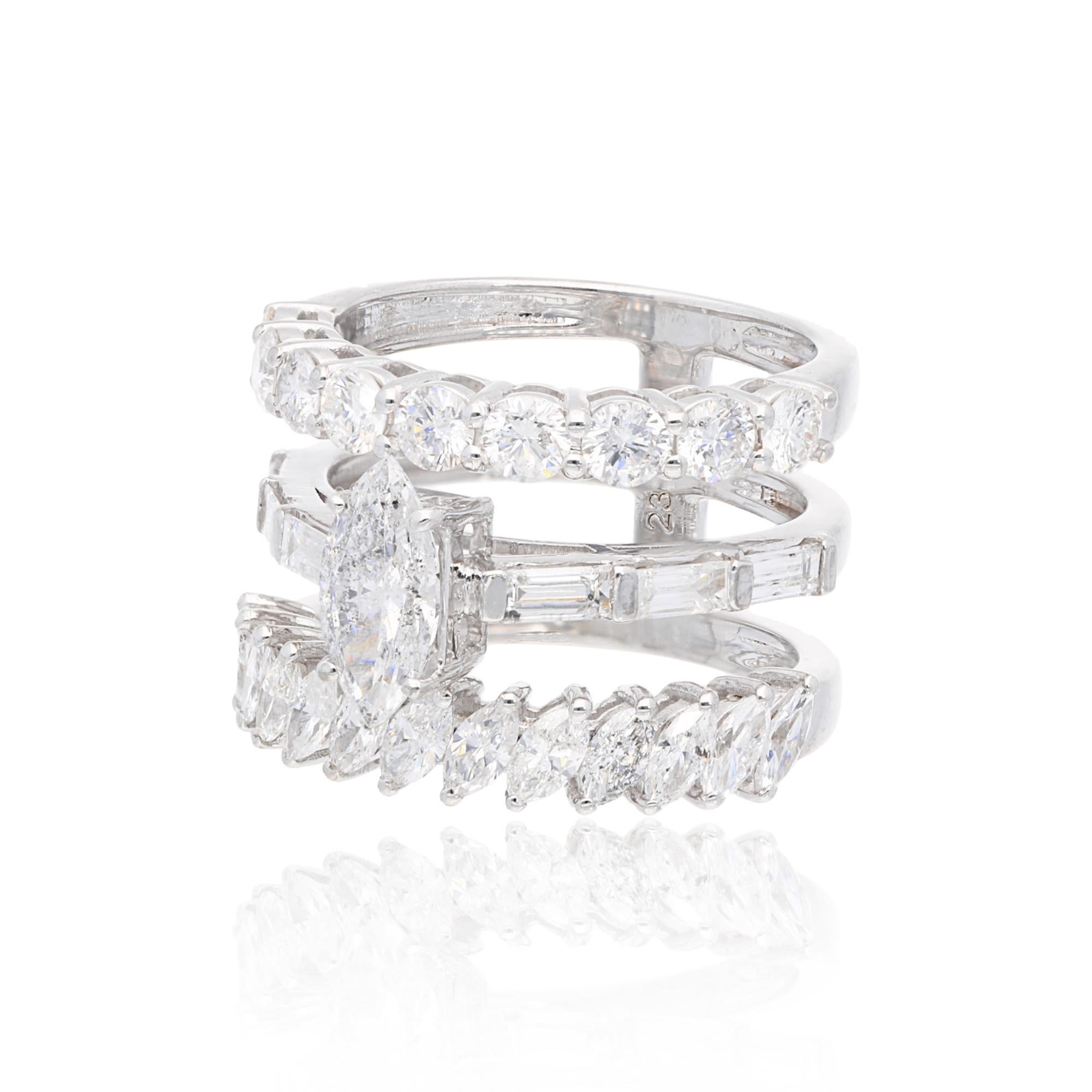 For Sale:  3.24 Carat Baguette & Round Diamond Three Band Ring 18 Karat White Gold Jewelry 2