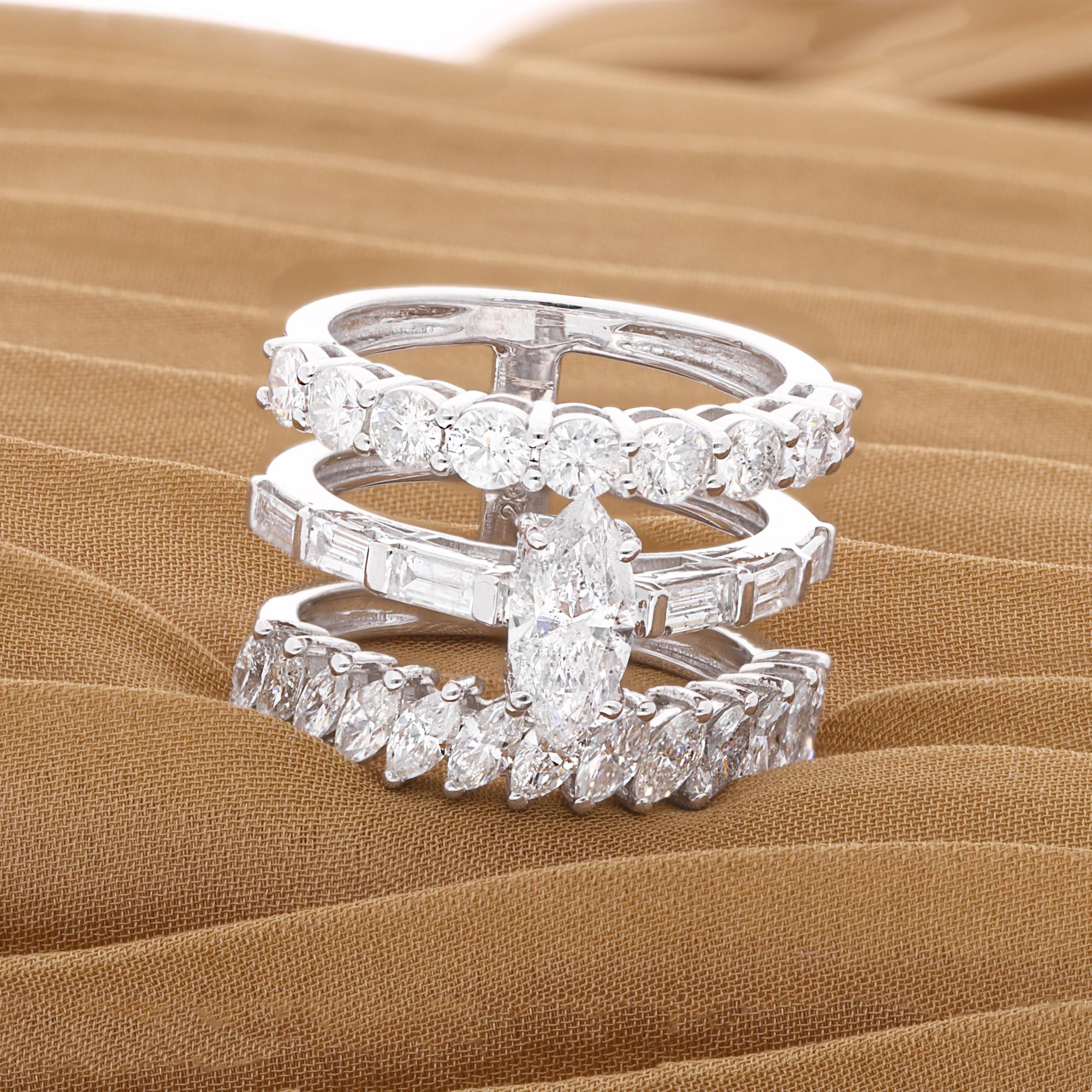 For Sale:  3.24 Carat Baguette & Round Diamond Three Band Ring 18 Karat White Gold Jewelry 4