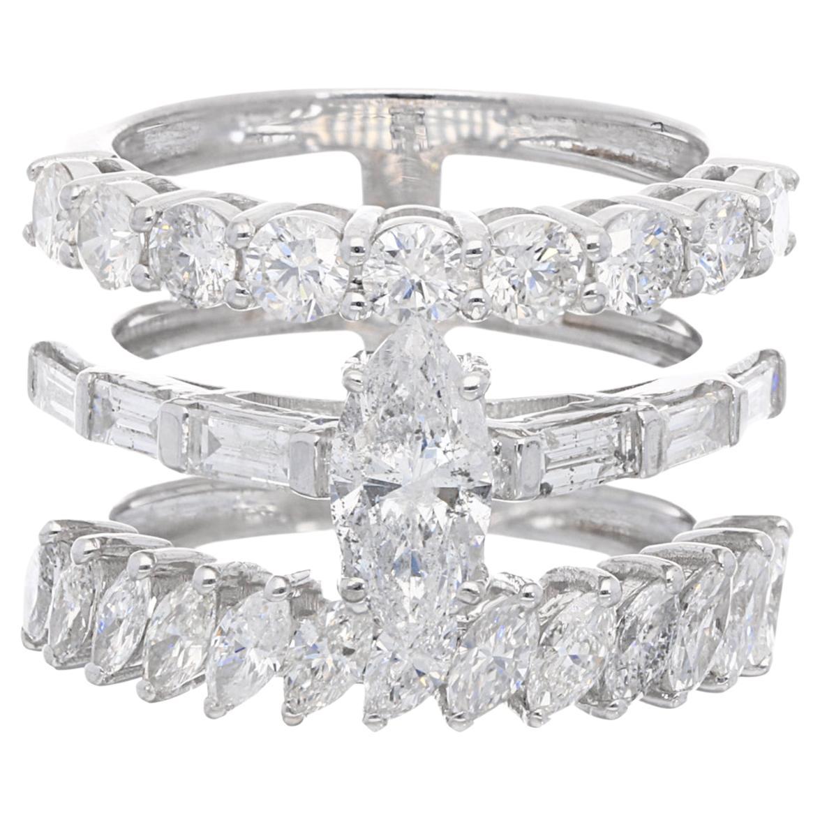 For Sale:  3.24 Carat Baguette & Round Diamond Three Band Ring 18 Karat White Gold Jewelry