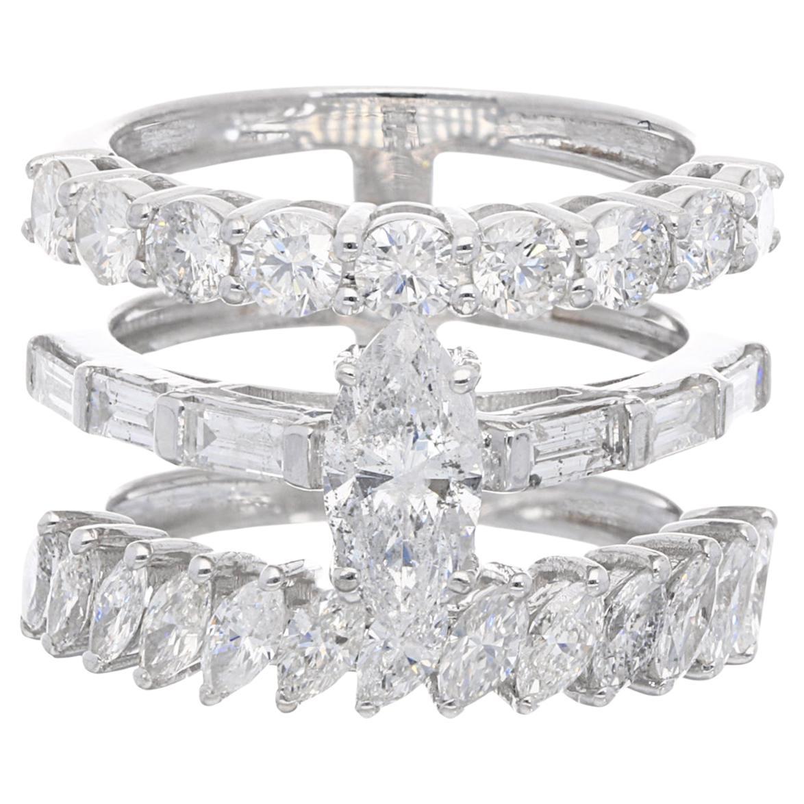 3,24 Karat Baguette & runder Diamant Drei-Ring aus 18 Karat Weißgold Schmuck mit drei Ringen