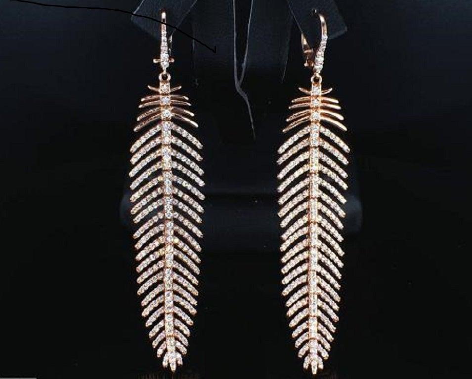 Contemporary 3.24 Carat Diamond Feather Dangle Earrings 14K Rose Gold  For Sale