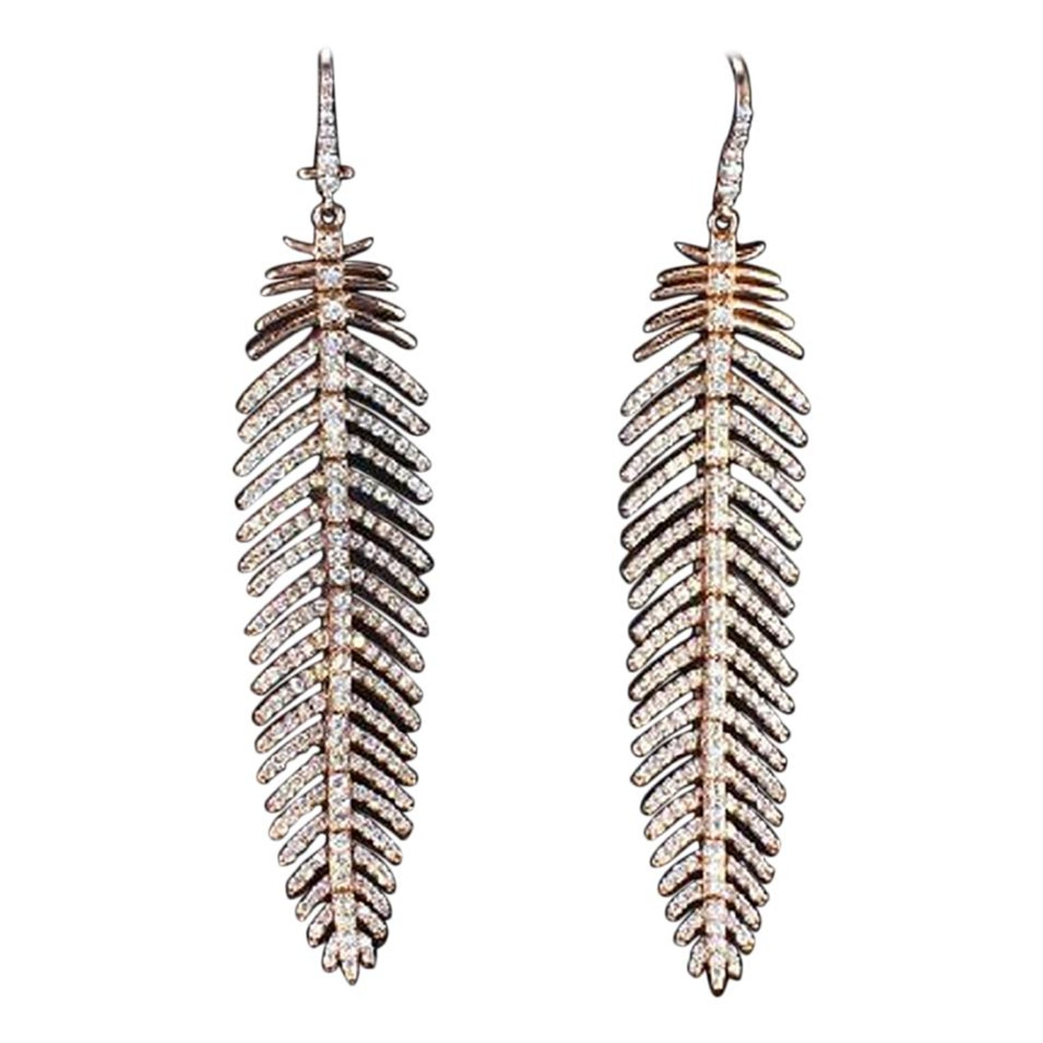3.24 Carat Diamond Feather Dangle Earrings 14K Rose Gold For Sale at 1stDibs