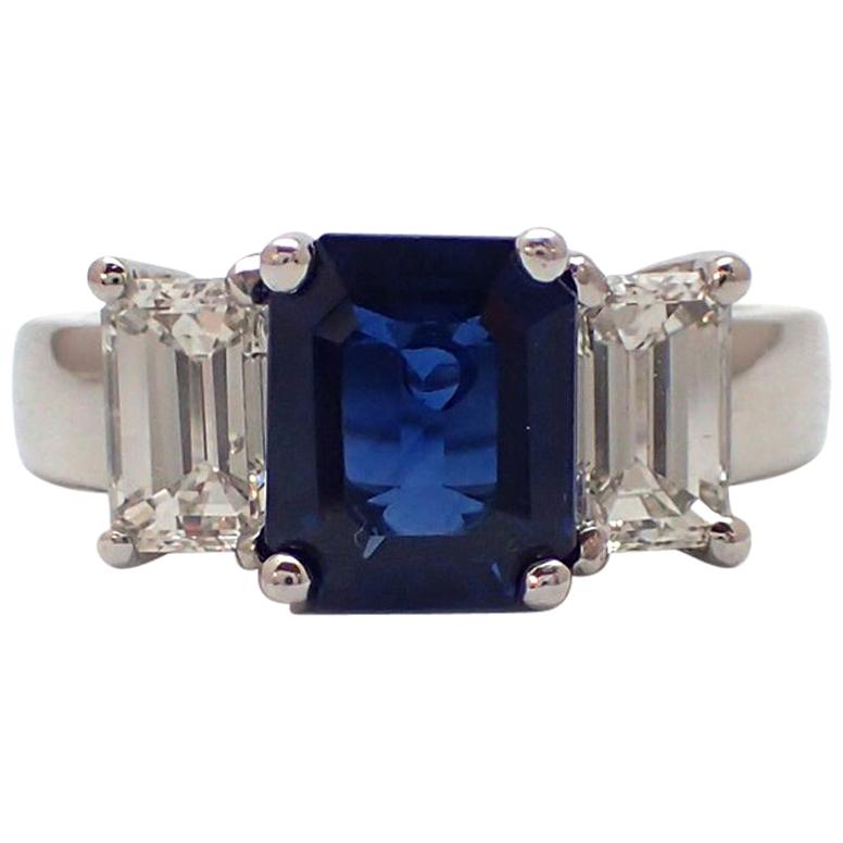3.24 Carat Emerald Cut Sapphire and Diamond Ring in Platinum For Sale