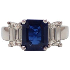3.24 Carat Emerald Cut Sapphire and Diamond Ring in Platinum