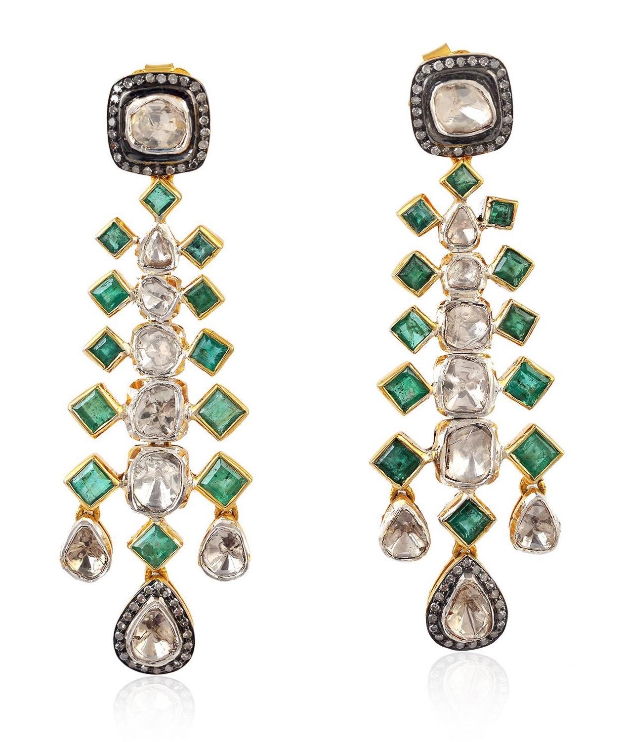 Contemporary 3.24 Carat Emerald Rose Cut Diamond Earrings For Sale