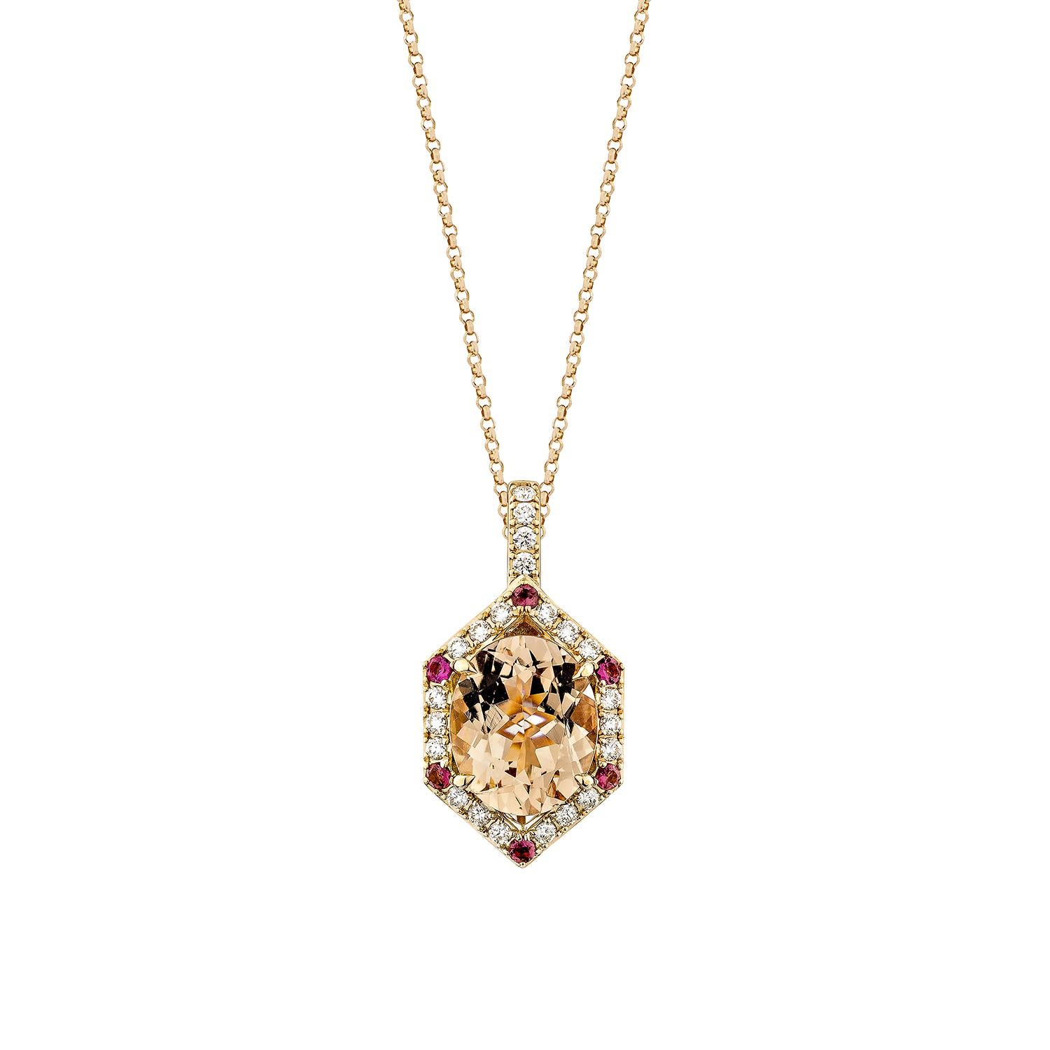 Diese Kollektion umfasst eine Reihe von Morganiten, die als Symbol für Liebe und Beziehungen gelten und daher eine ausgezeichnete Wahl für eine Vielzahl von Anwendungen sind. Der mit rosa Turmalin und weißen Diamanten besetzte Anhänger ist aus