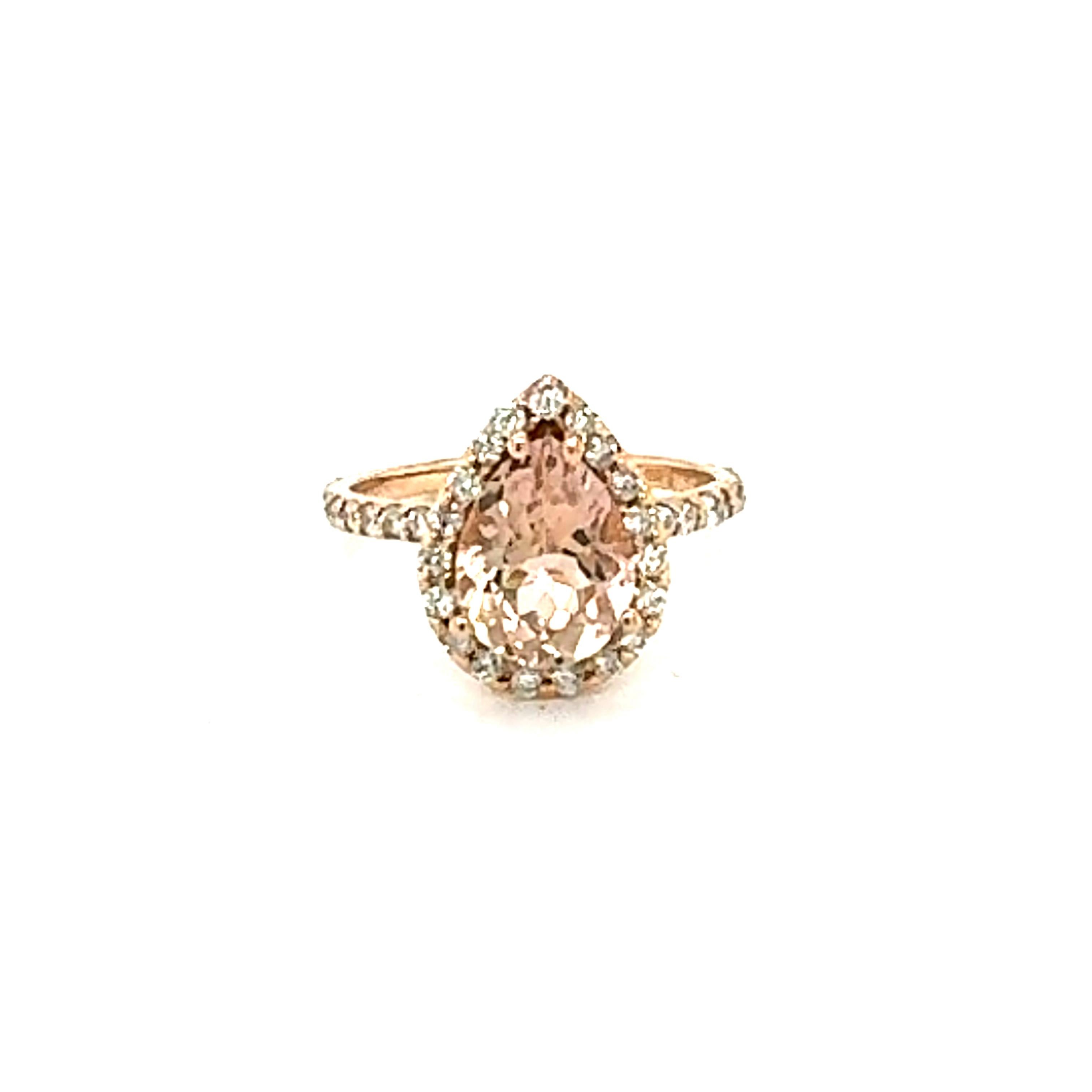 3.24 Carat Morganite Diamond Rose Gold Engagement Ring

This gorgeous and classy Morganite Ring has a 2.61 Carat Pear Cut Morganite as its center and is surrounded by a halo of 39 Round Cut Diamonds that weigh 0.63 carats. The clarity and color of