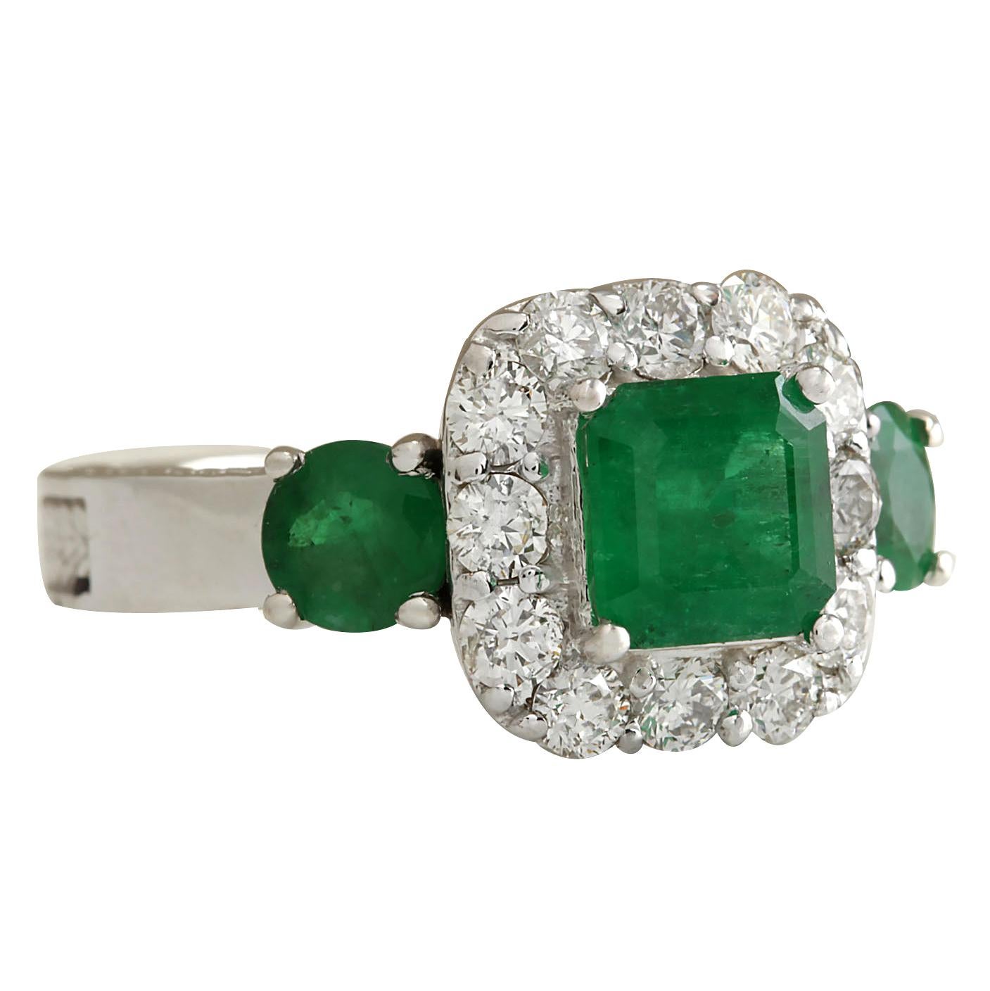 Stamped: 14K White Gold
Total Ring Weight: 7.4 Grams
 Total Natural Center Emerald Weight is 1.44 Carat (Measures: 6.50x6.50 mm)
Total Natural Side Emerald Weight is 0.90 Carat
Total Natural Diamond Weight is 0.90 Carat
Color: F-G, Clarity:
