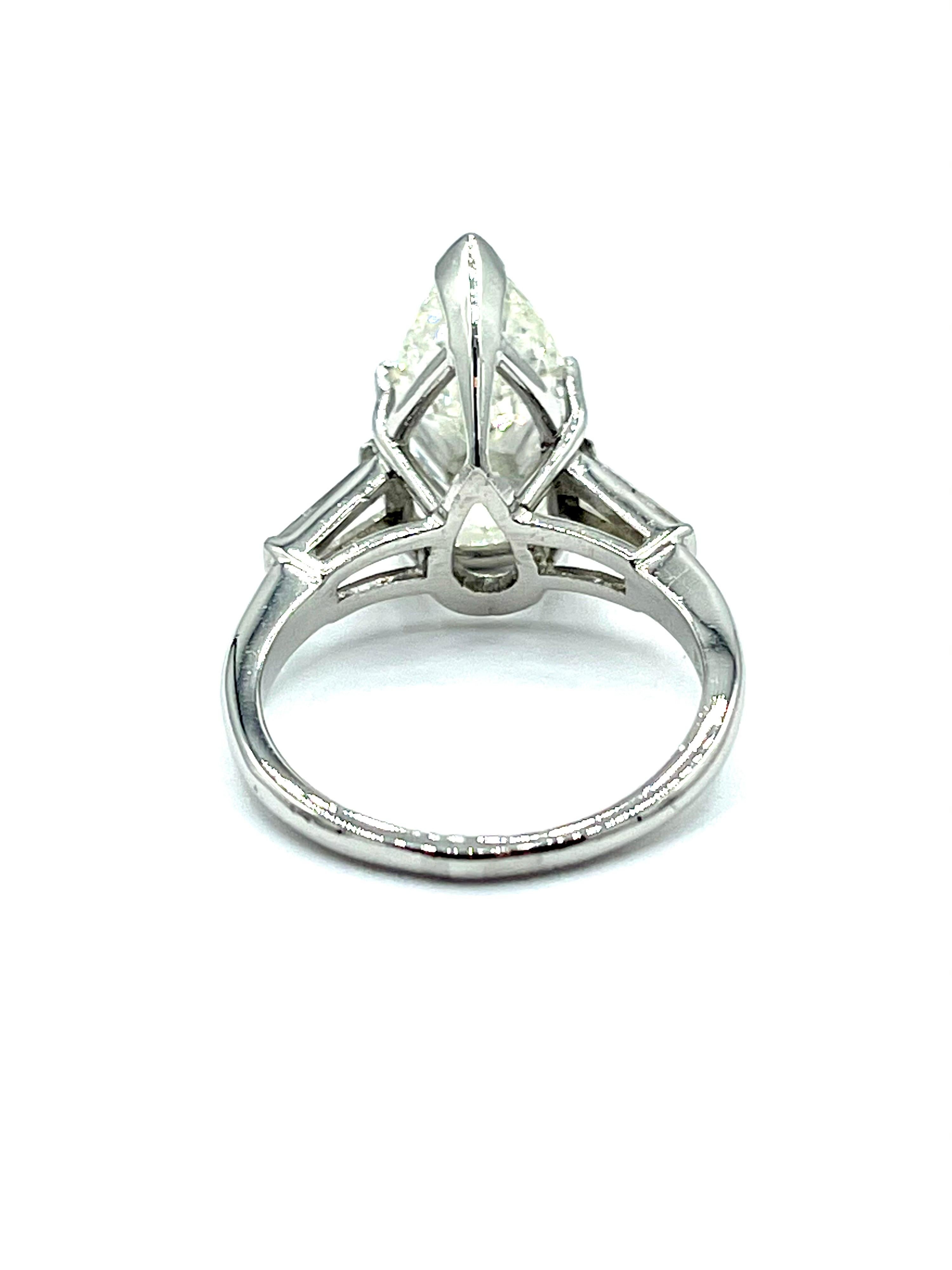 Pear Cut 3.24 Carat Pear Shape Diamond and Tapered Baguette Diamond Platinum Ring
