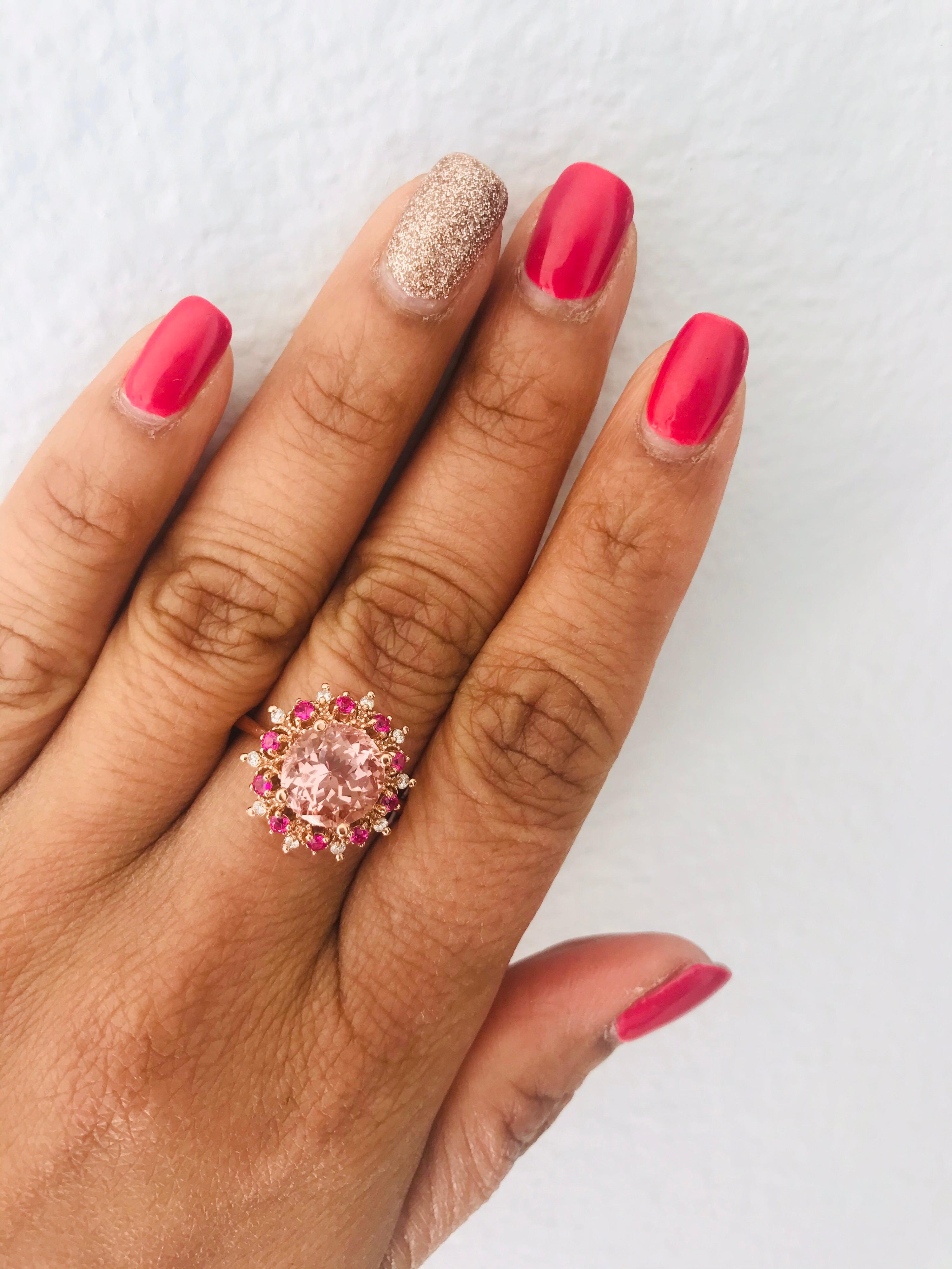 Modern 3.24 Carat Morganite, Pink Sapphire and Diamond 14K Rose Gold Cocktail Ring