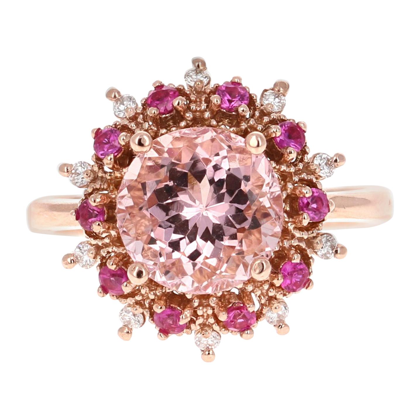 3.24 Carat Morganite, Pink Sapphire and Diamond 14K Rose Gold Cocktail Ring