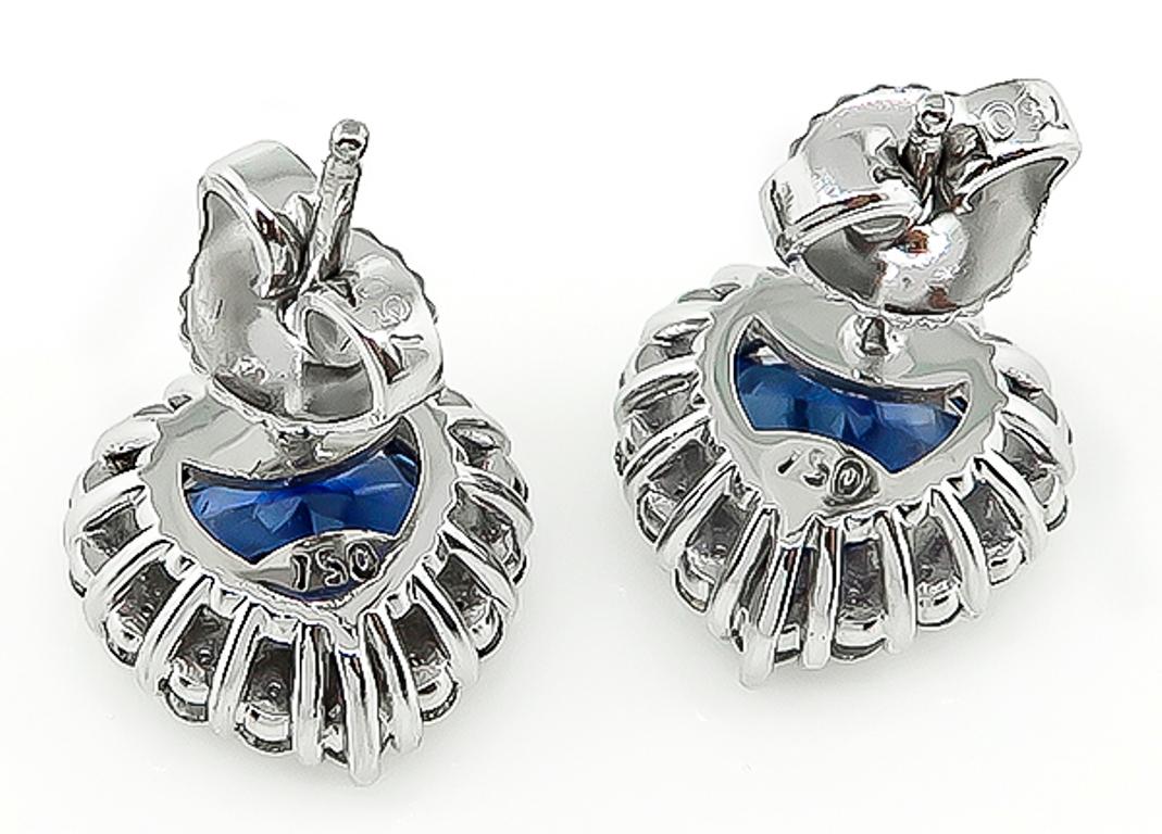Women's or Men's 3.24 Carat Sapphire Diamond Gold Heart Earrings