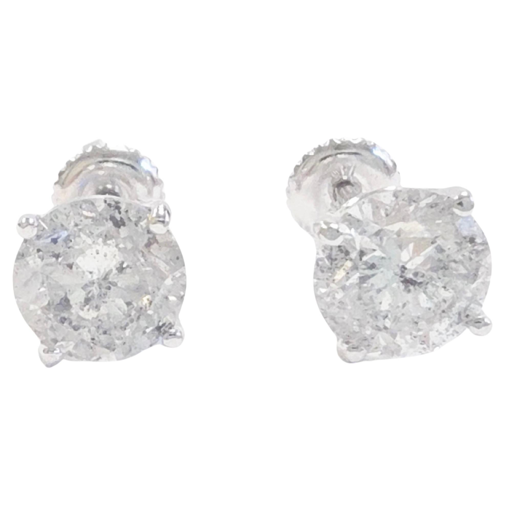 3.24 Carats Natural Diamond Round Shape Studs 14 Karat White Gold