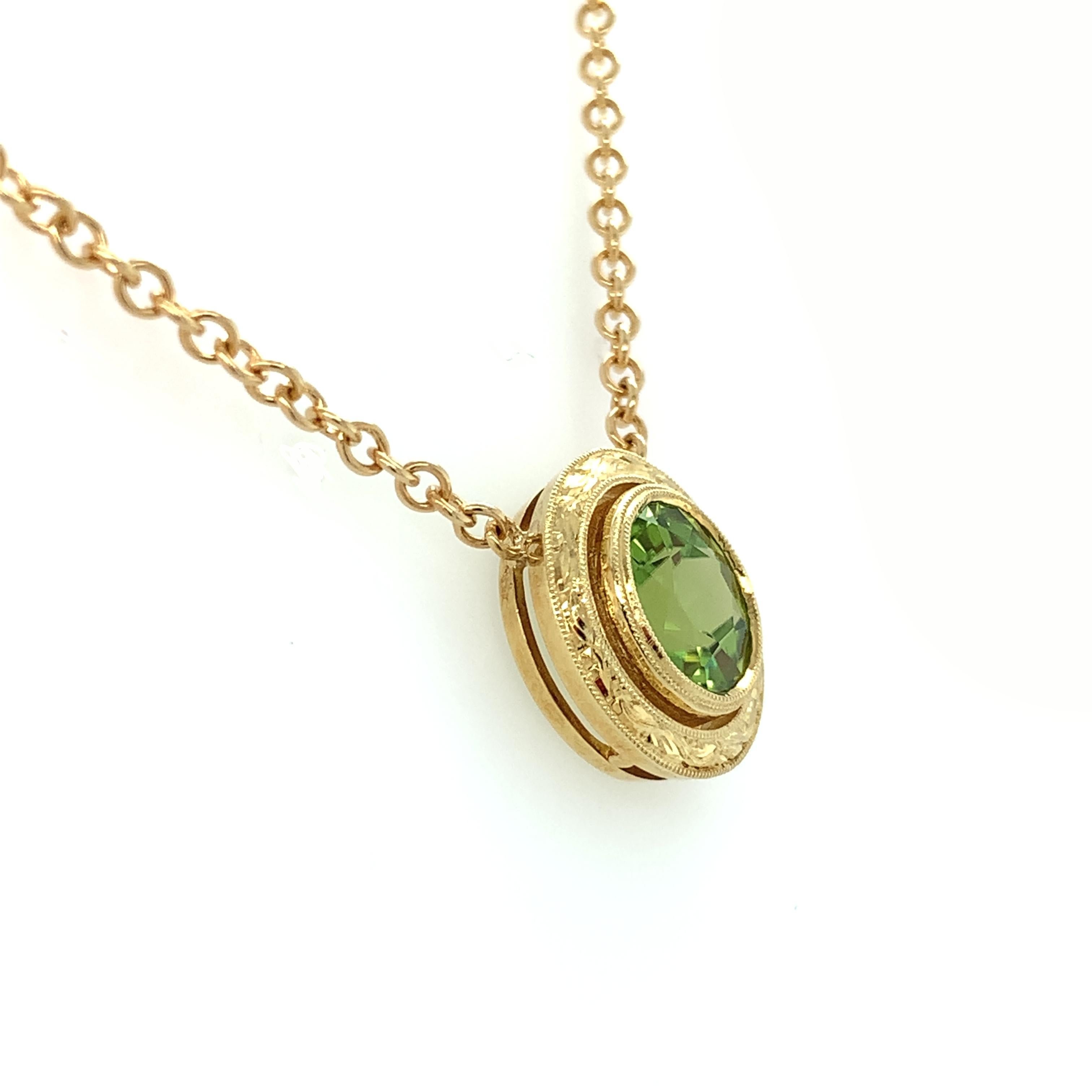 Artisan 3.24 Carat Peridot Drop Necklace in Hand Engraved Yellow Gold 
