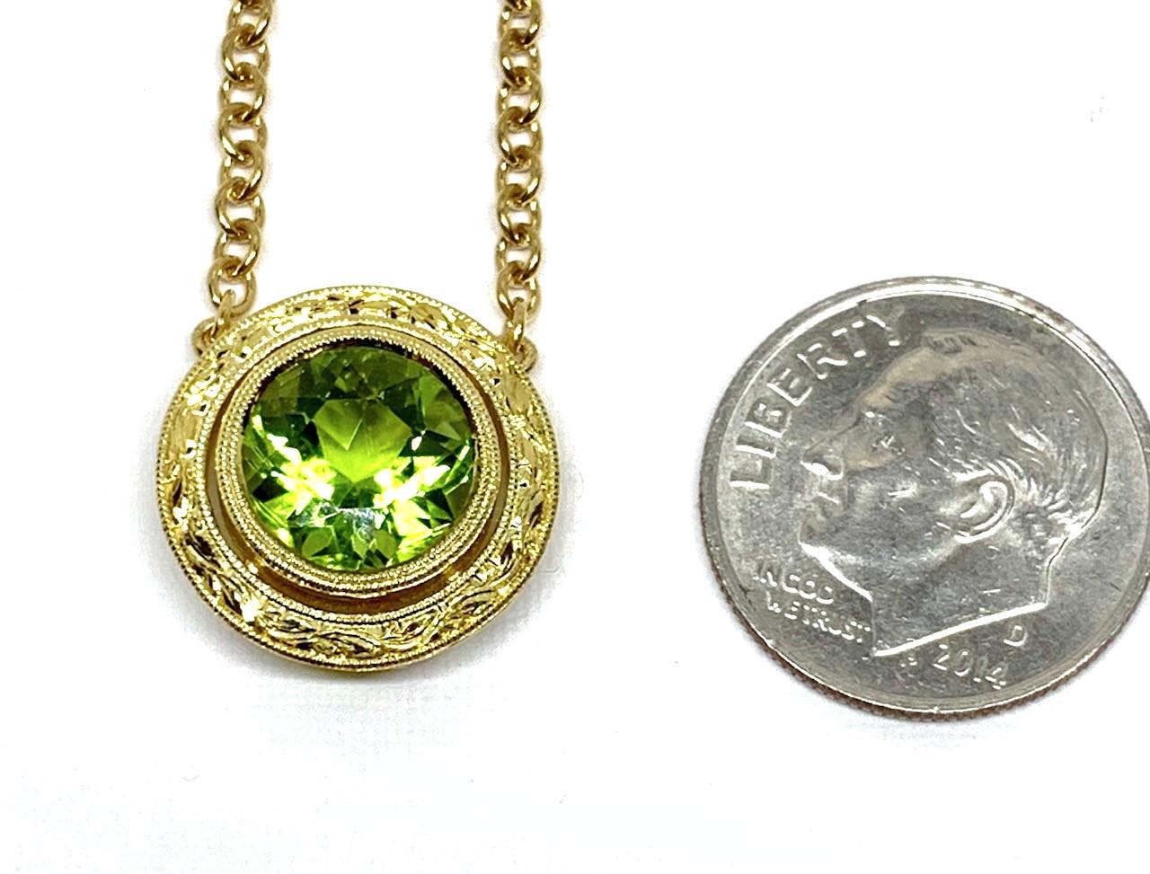 Women's 3.24 Carat Peridot Drop Necklace in Hand Engraved Yellow Gold 