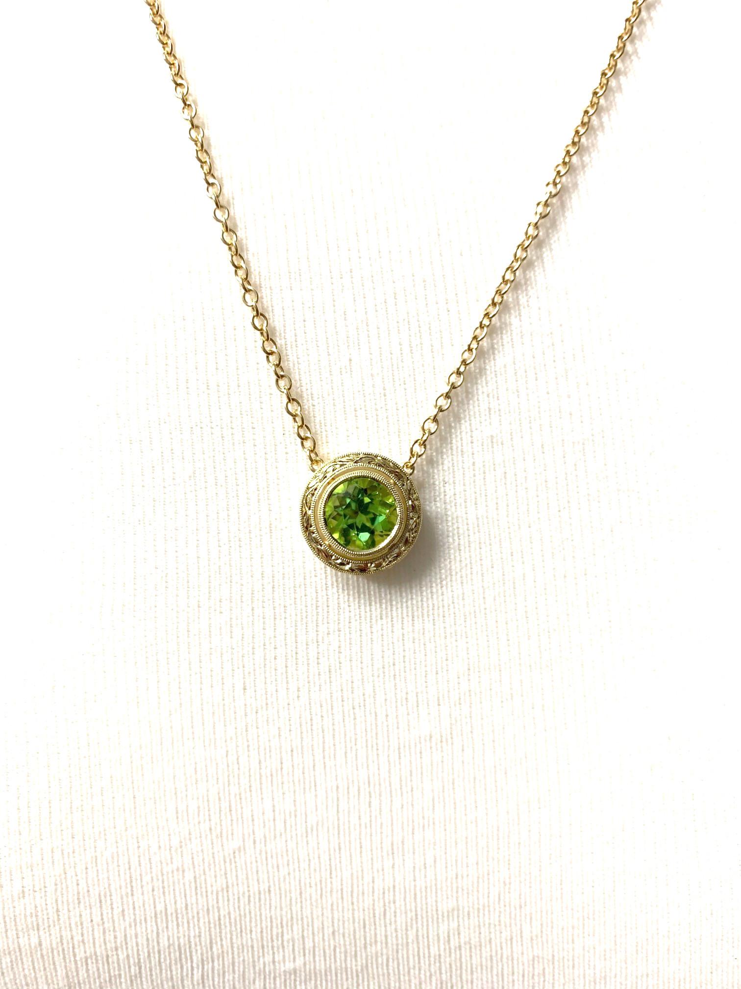 3.24 Carat Peridot Drop Necklace in Hand Engraved Yellow Gold  3