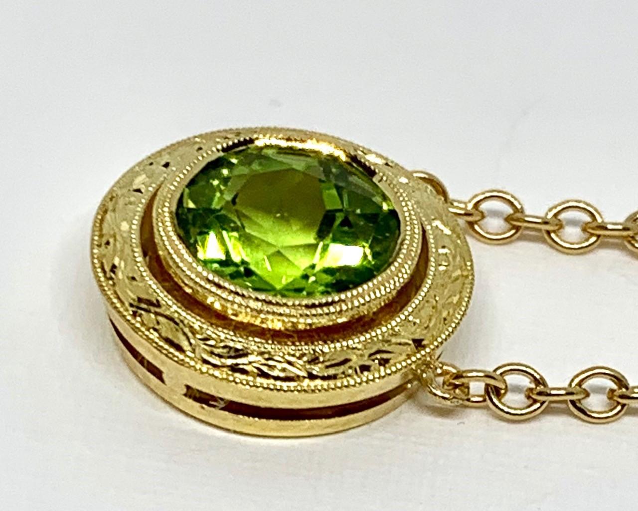 3.24 Carat Peridot Drop Necklace in Hand Engraved Yellow Gold  1