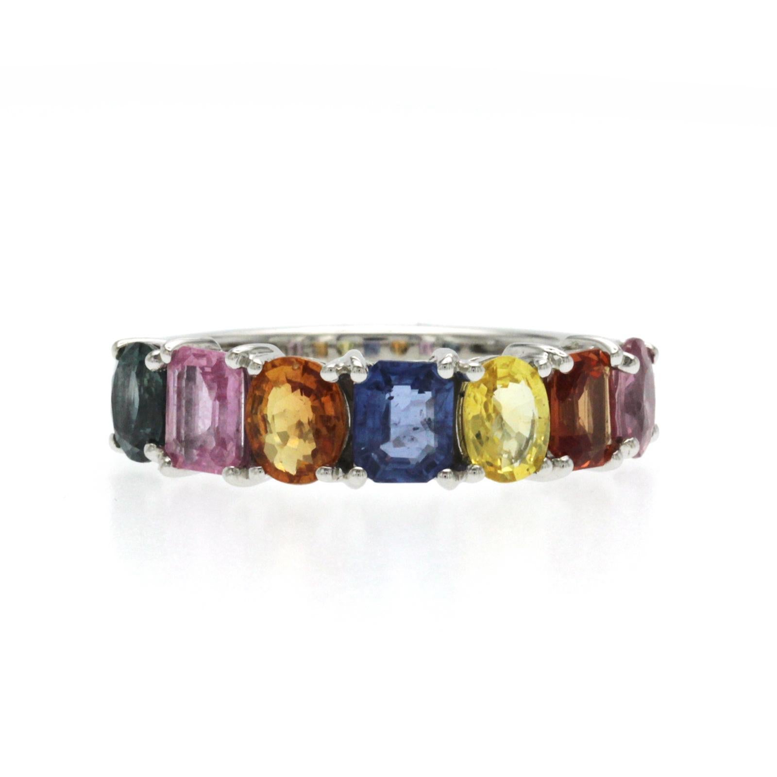 3.24 Ct Multi Color Sapphire 18K White Gold Band Ring In New Condition For Sale In Los Angeles, CA