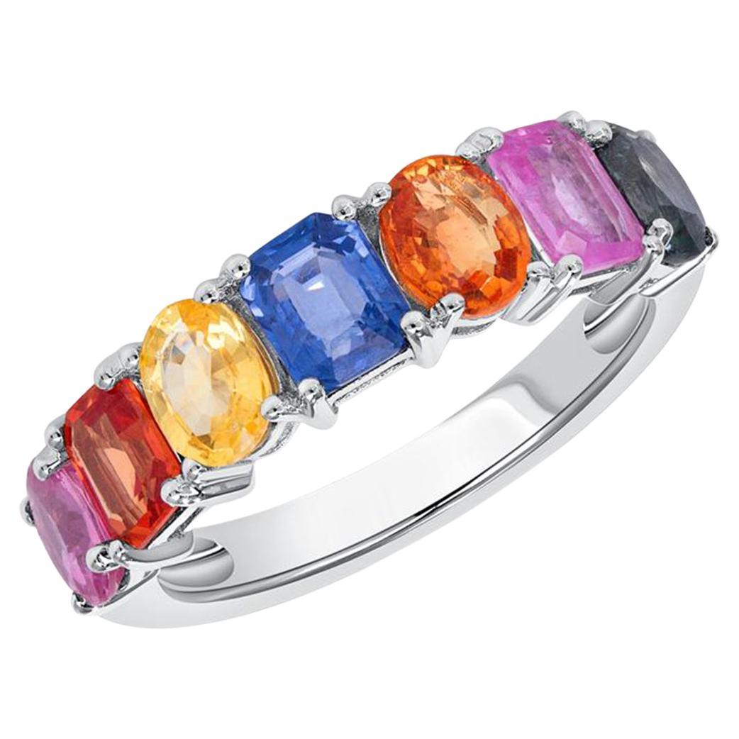 3.24 Ct Multi Color Sapphire 18K White Gold Band Ring For Sale