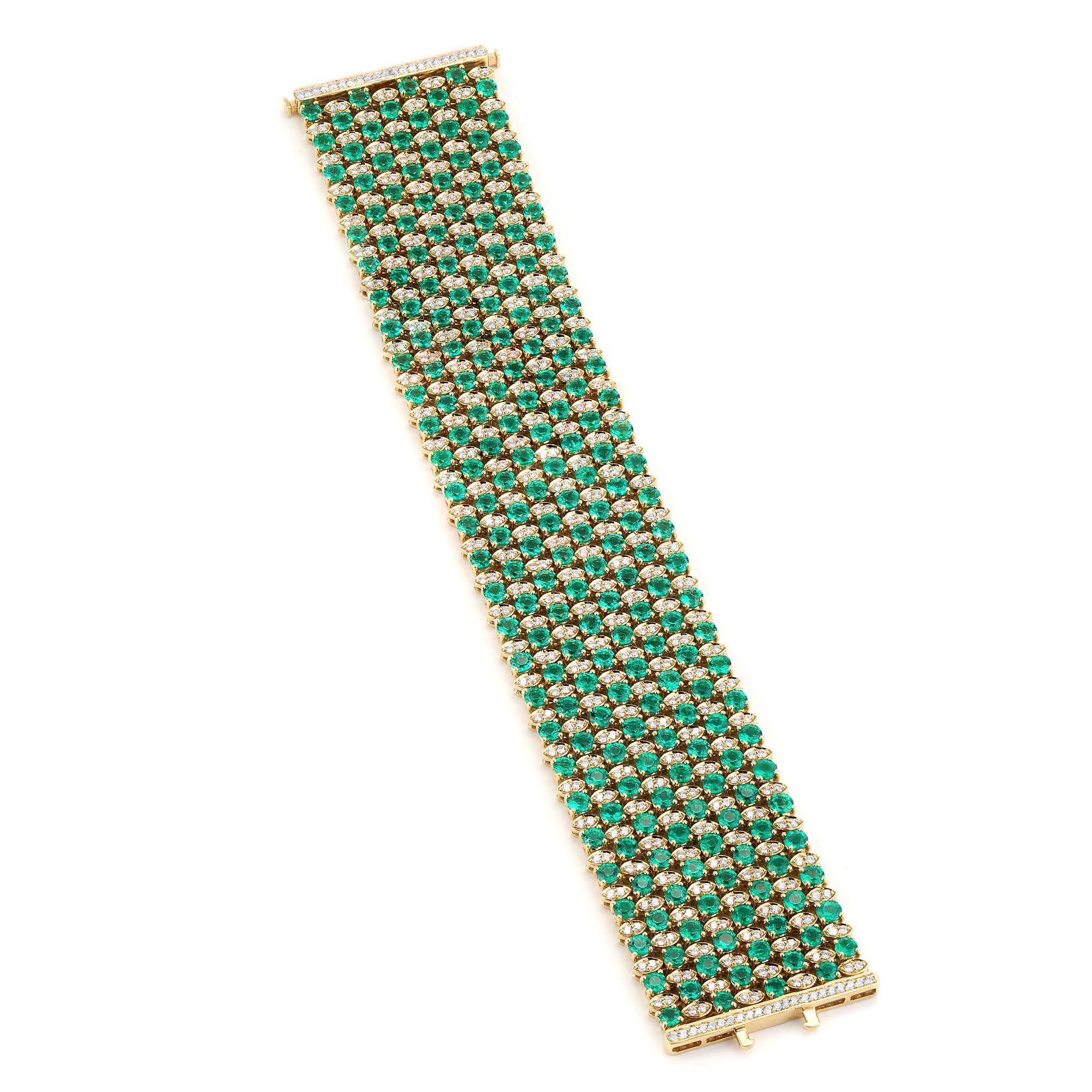 Modern 32.4 CTTW Colombian Emerald and Diamond Wide Cocktail Bracelet 18K Yellow Gold For Sale
