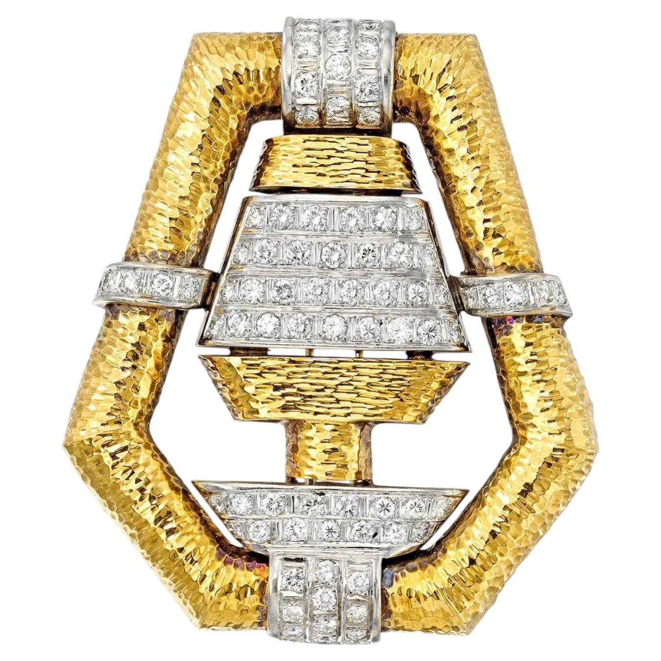 3.24 ctw Mid-Century Style Diamond & Textured 18K Two-Tone Gold Brooch For Sale