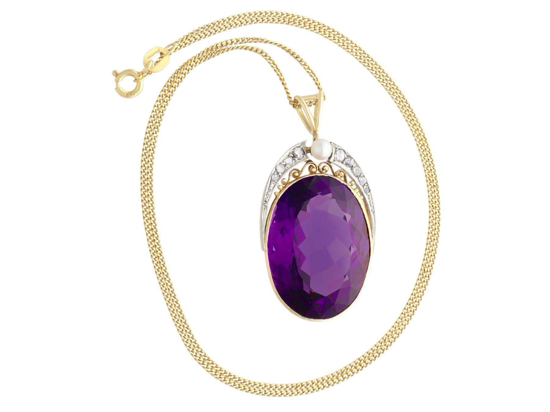 Oval Cut 32.42Ct Amethyst Diamond and Cultured Pearl Yellow Gold and Platinum Pendant