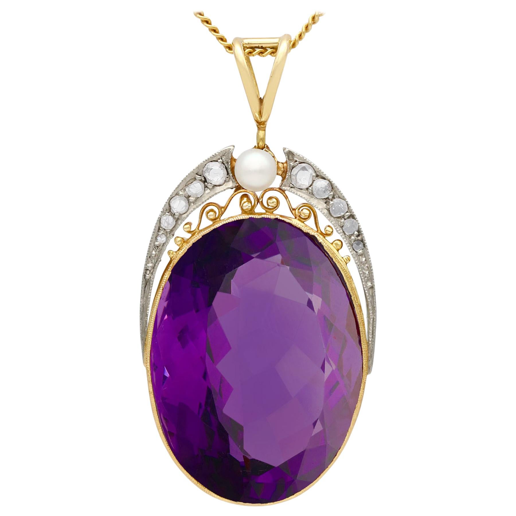 32.42Ct Amethyst Diamond and Cultured Pearl Yellow Gold and Platinum Pendant