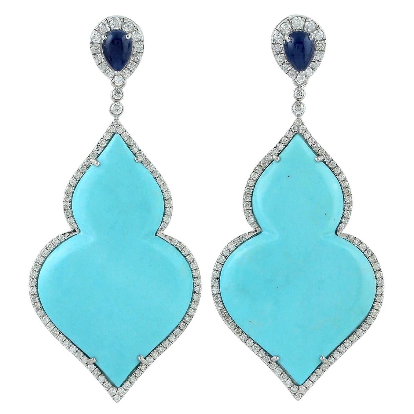 32.45 Carat Turquoise Diamond 18 Karat Gold Taj Earrings