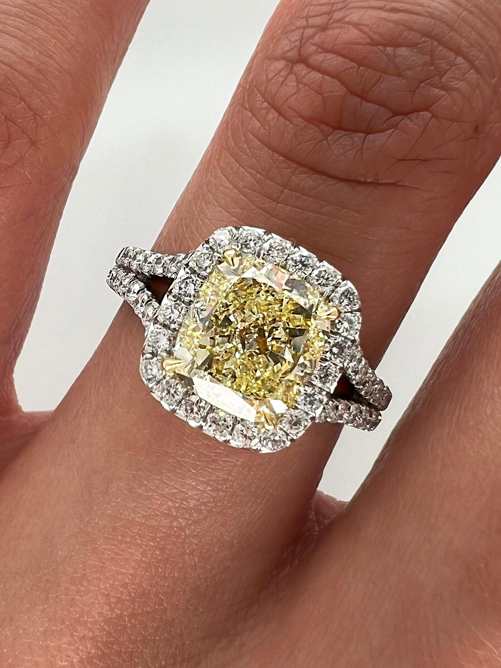 Cushion Cut 3.24 Total Carat Fancy Yellow Diamond Ladies Engagement Ring GIA For Sale