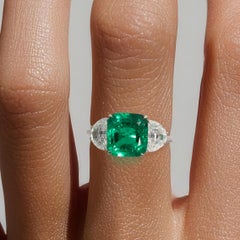 3.24ct Colombian Minor Emerald and Crescent Brilliant Diamond Three Stone Ring