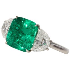 3.24ct Colombian Minor Emerald and Crescent Brilliant Diamond Three Stone Ring