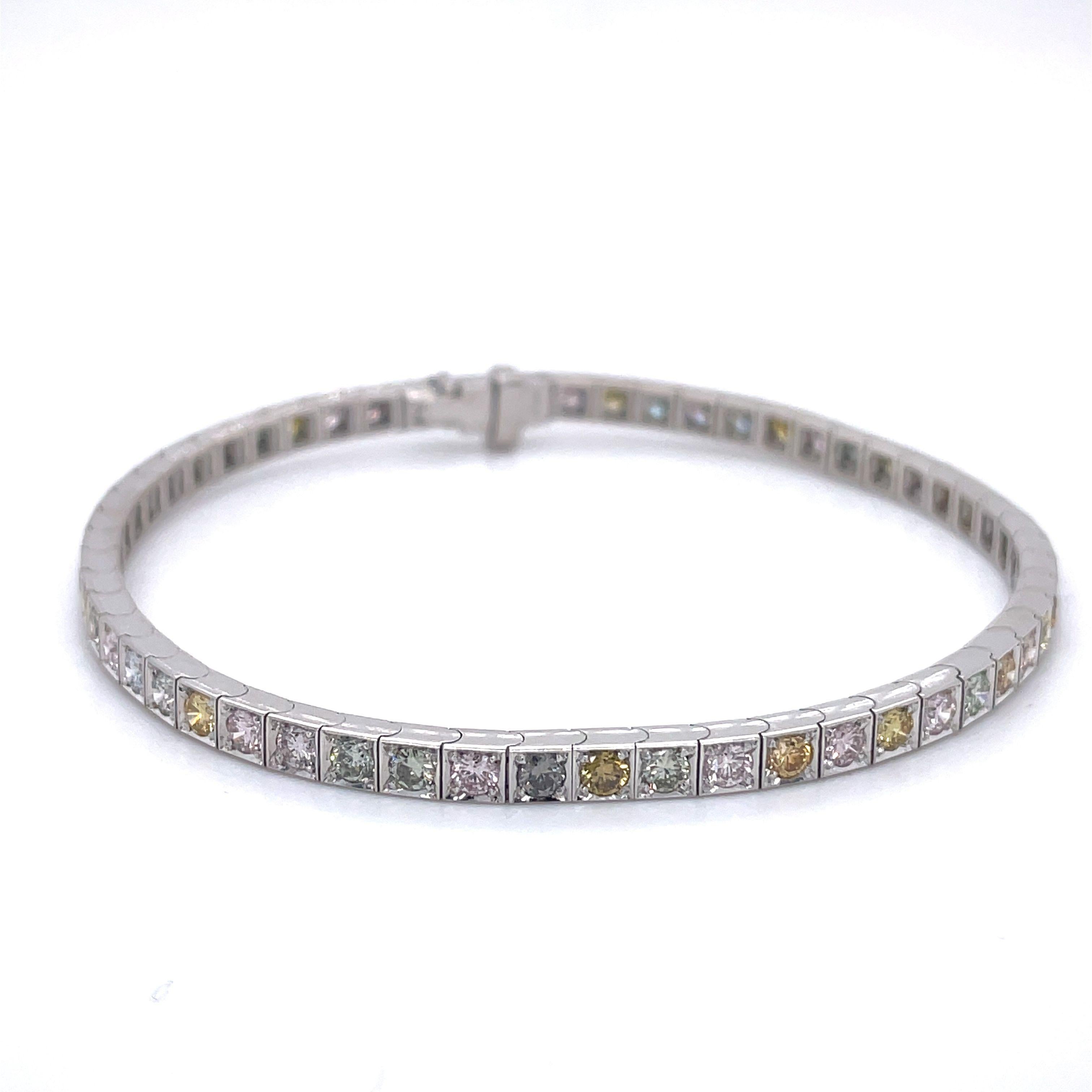  3.24CT Multi color Diamonds Tennis Bracelet, 18K white gold, AIG Certificated

Jewelry Material: White Gold 18k (the gold has been tested by a professional)

Total Carat Weight: 3.24ct (Approx.)

Total Metal Weight: 11.52g

Size:  17.80 cm