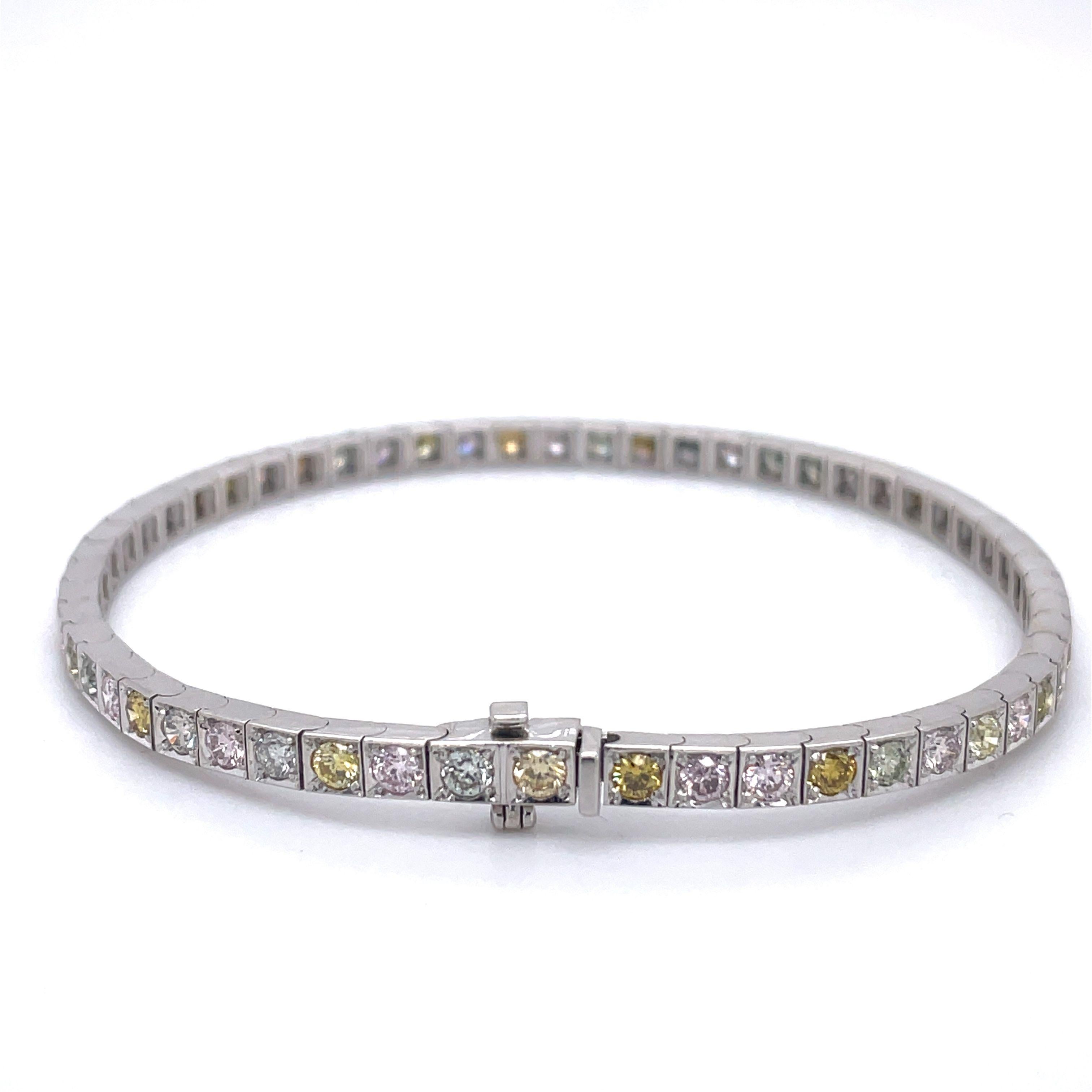 Round Cut  3.24CT Multi color Diamonds Tennis Bracelet, 18K white gold, AIG Certificated For Sale